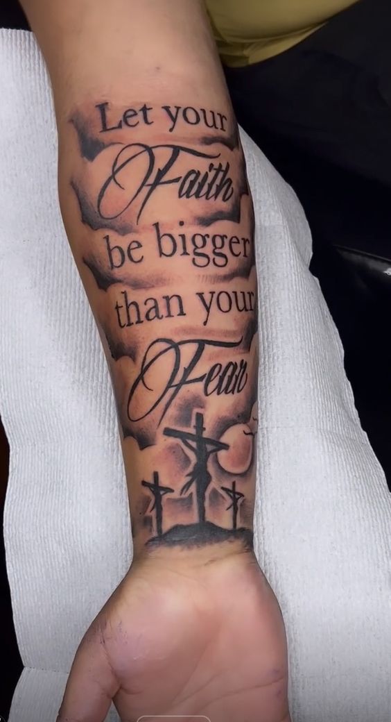 Forearm half sleeve Bible verse tattoos 